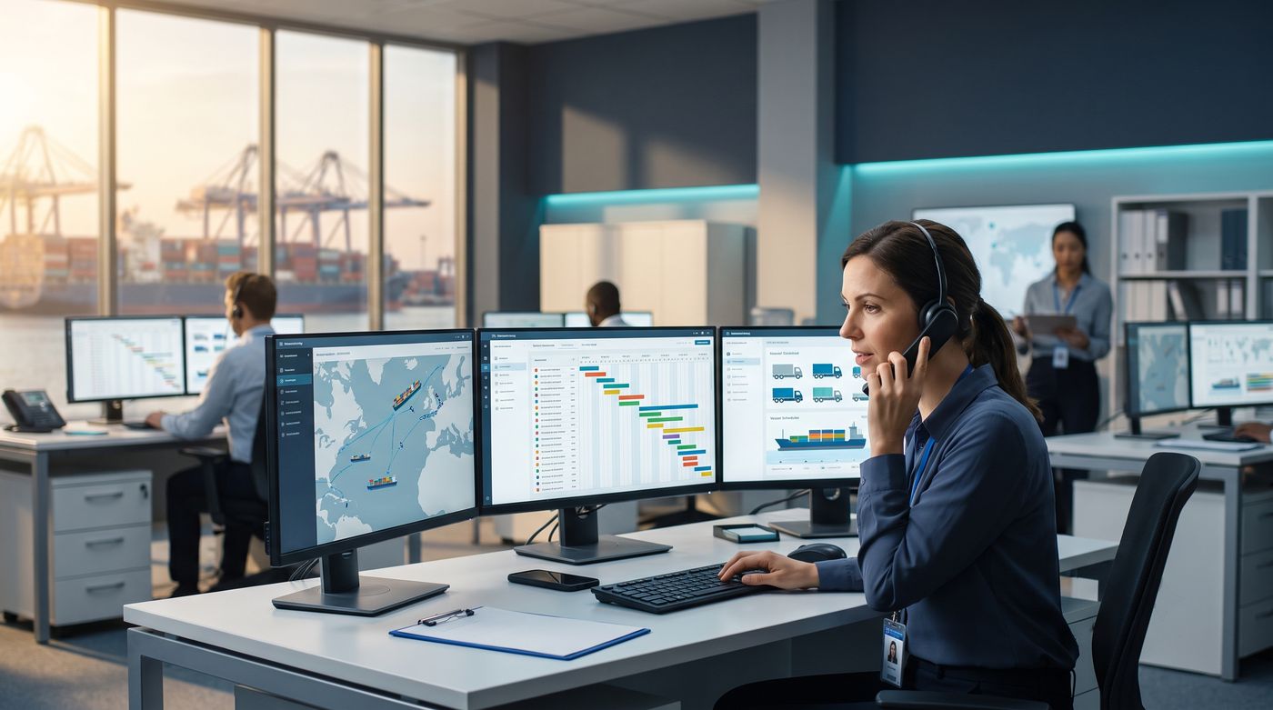 An operations team monitoring vessel schedules and shipping routes across several screens.