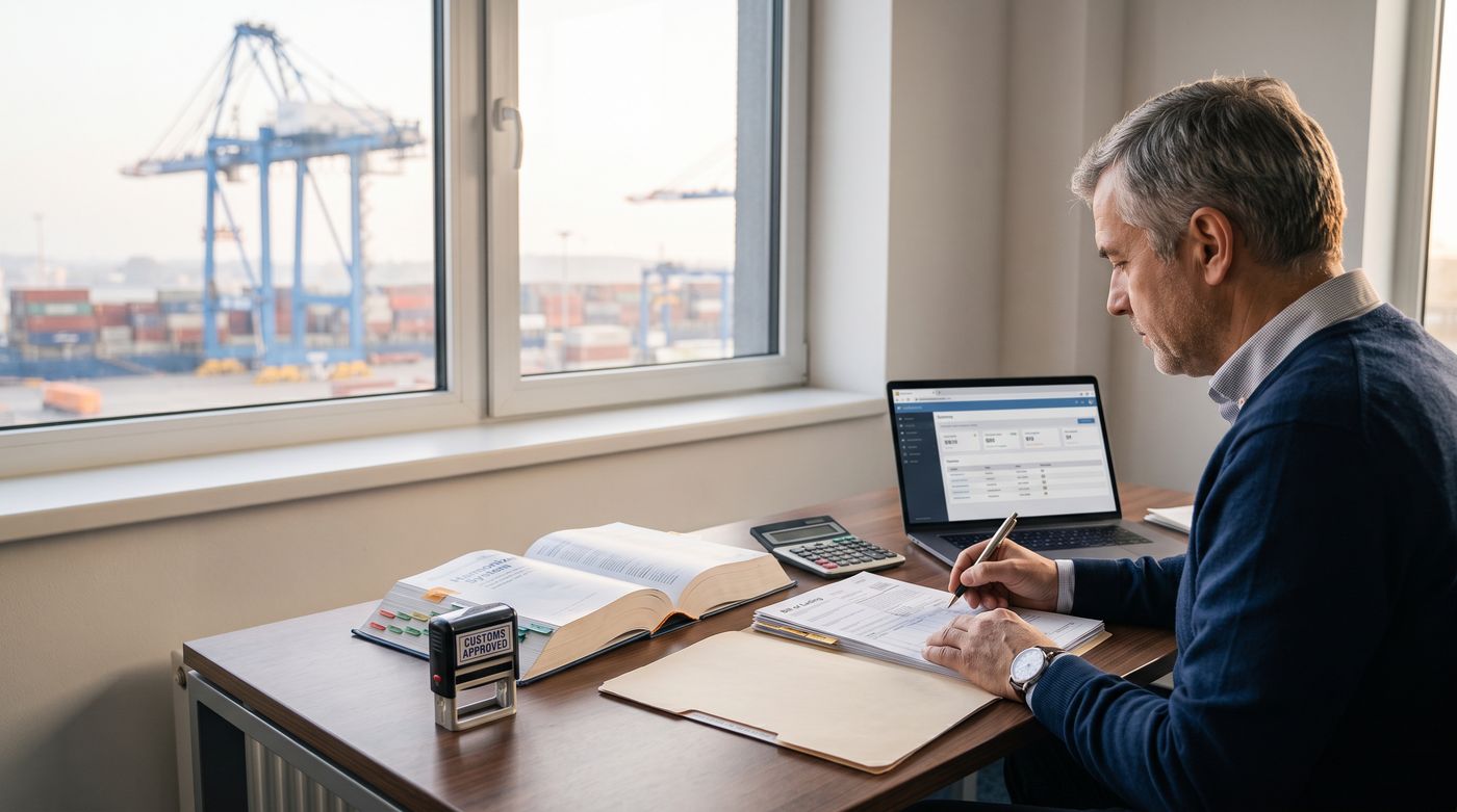 A customs broker stamping paperwork at a desk with a Harmonized System tariff book and a customs approved stamp.