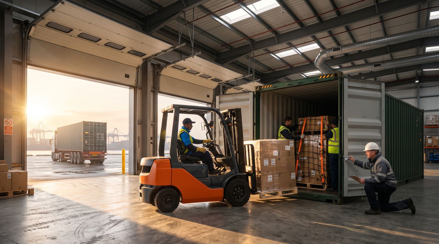 Warehouse workers loading a pallet into a shipping container beside a waiting truck at dawn.