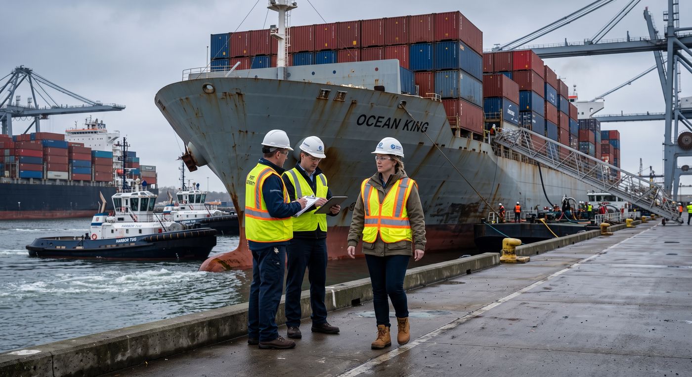 Port officials in hard hats reviewing a tablet on the dock beside a docked container ship.